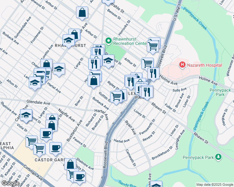 map of restaurants, bars, coffee shops, grocery stores, and more near 7906 Bradford Street in Philadelphia
