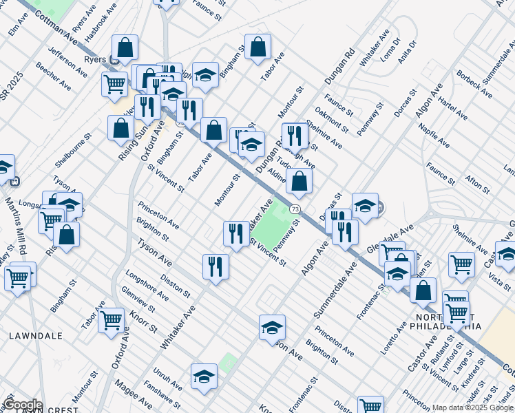 map of restaurants, bars, coffee shops, grocery stores, and more near 7230 Whitaker Avenue in Philadelphia