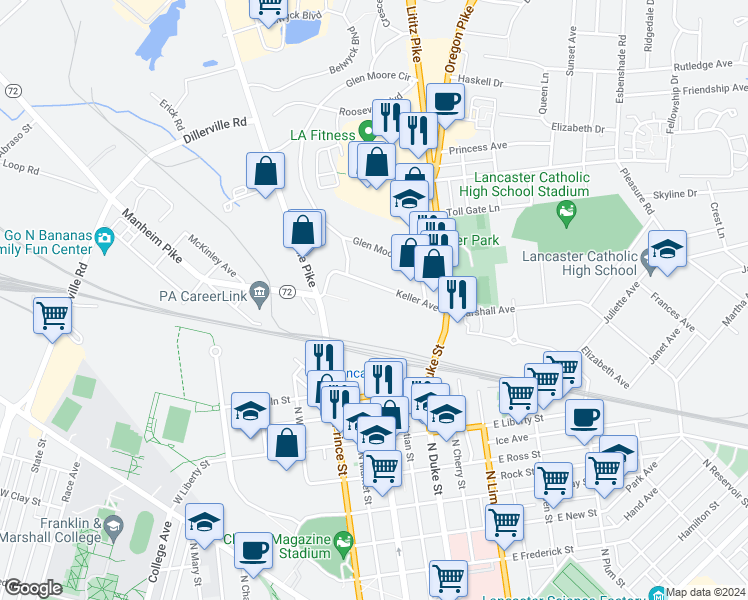 map of restaurants, bars, coffee shops, grocery stores, and more near 60 Keller Avenue in Lancaster