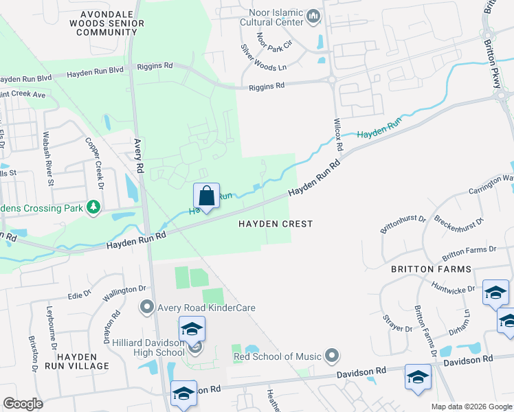map of restaurants, bars, coffee shops, grocery stores, and more near 9321 Hayden Crest Road in Hilliard