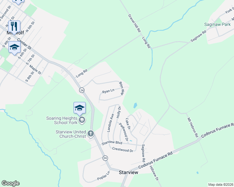 map of restaurants, bars, coffee shops, grocery stores, and more near 125 Bryn Way in Mount Wolf