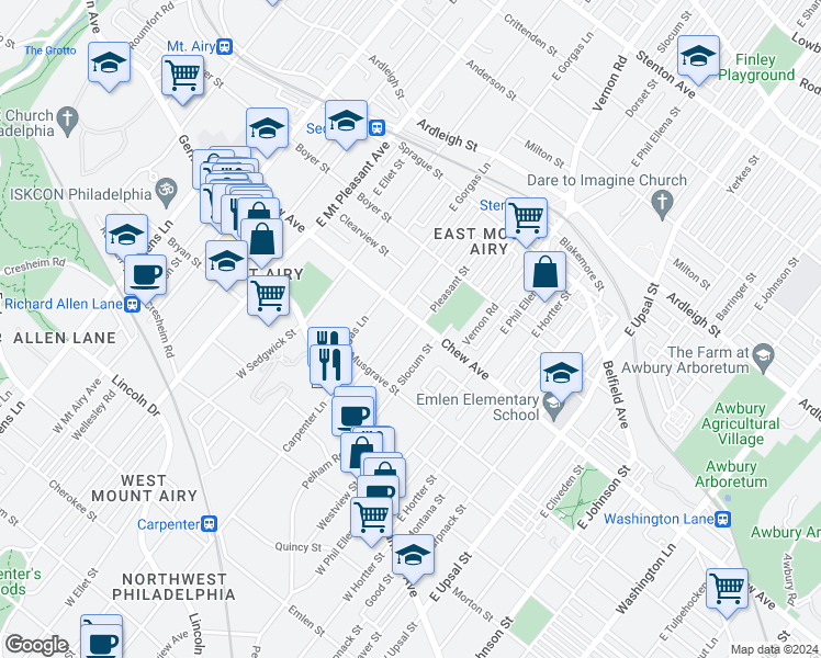 map of restaurants, bars, coffee shops, grocery stores, and more near 6802 Chew Avenue in Philadelphia