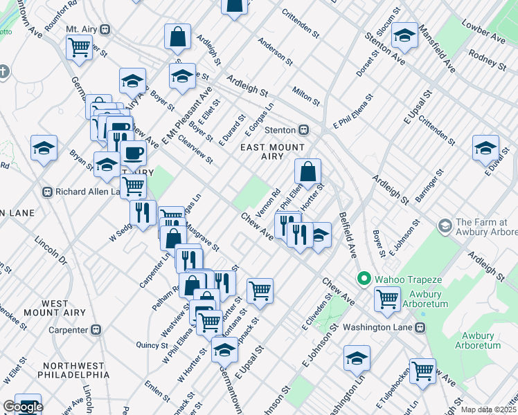 map of restaurants, bars, coffee shops, grocery stores, and more near 343 East Vernon Road in Philadelphia