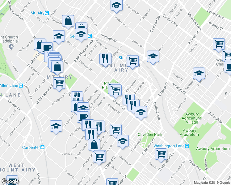 map of restaurants, bars, coffee shops, grocery stores, and more near 319 East Vernon Road in Philadelphia