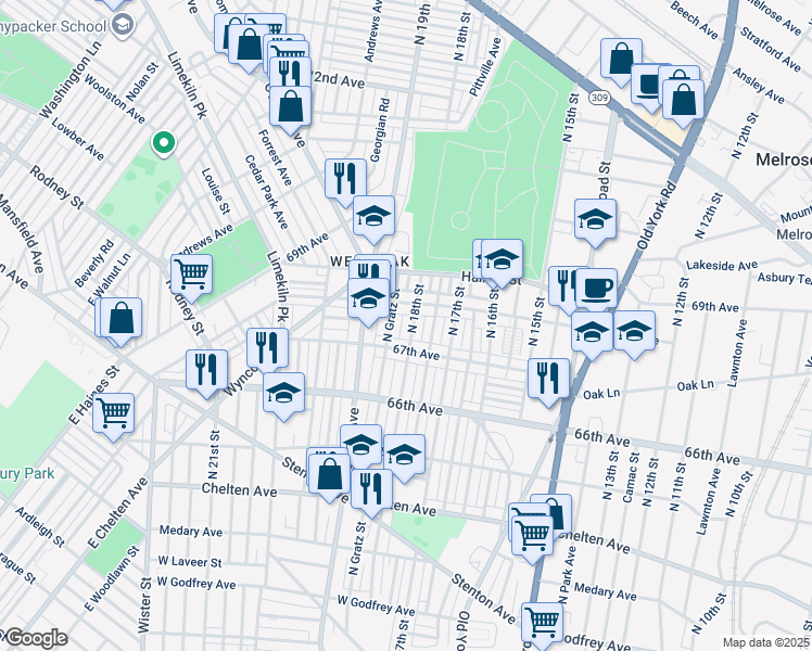 map of restaurants, bars, coffee shops, grocery stores, and more near 6730 North 18th Street in Philadelphia