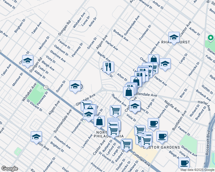 map of restaurants, bars, coffee shops, grocery stores, and more near 1806 Oakmont Street in Philadelphia