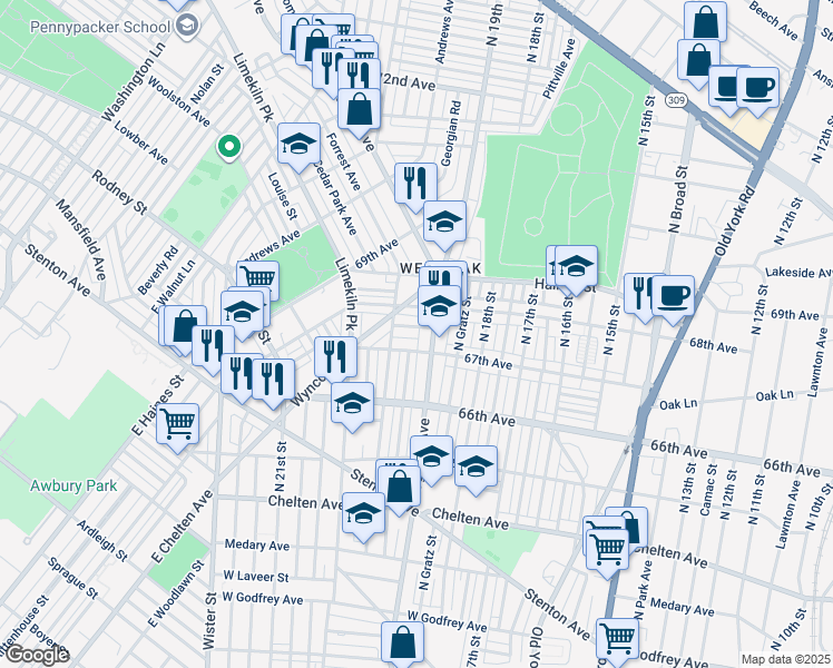 map of restaurants, bars, coffee shops, grocery stores, and more near 1916 Independence Street in Philadelphia