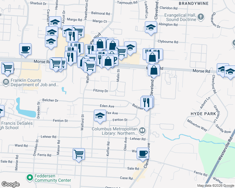map of restaurants, bars, coffee shops, grocery stores, and more near 4338 Malin Street in Columbus