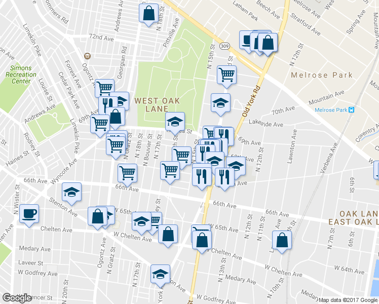 map of restaurants, bars, coffee shops, grocery stores, and more near 1508 68th Avenue in Philadelphia