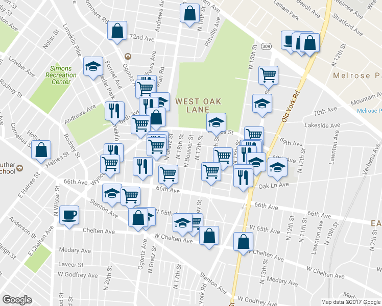 map of restaurants, bars, coffee shops, grocery stores, and more near 6741 North Bouvier Street in Philadelphia