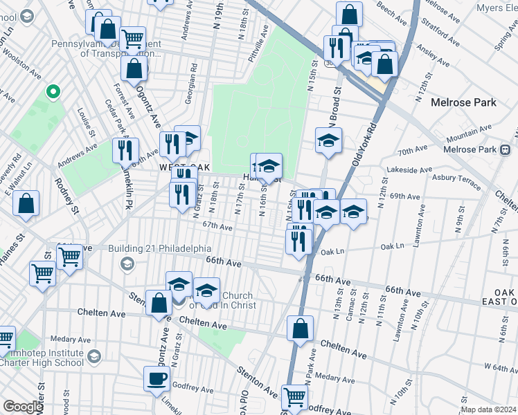 map of restaurants, bars, coffee shops, grocery stores, and more near 6750 North 16th Street in Philadelphia