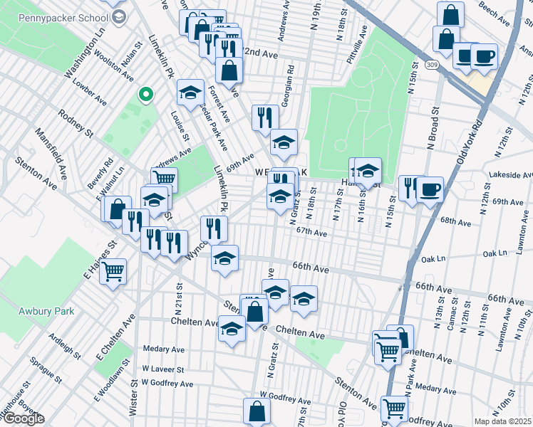 map of restaurants, bars, coffee shops, grocery stores, and more near 1914 Independence Street in Philadelphia