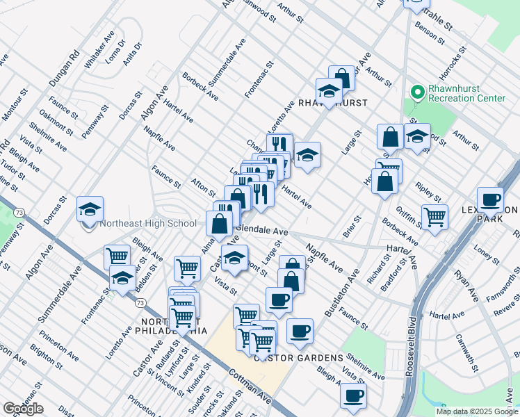 map of restaurants, bars, coffee shops, grocery stores, and more near 2015 Napfle St in Philadelphia