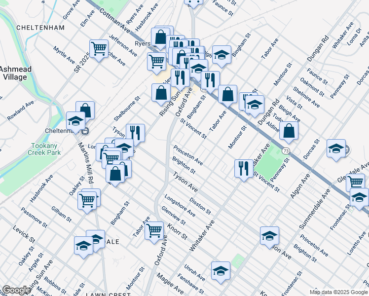 map of restaurants, bars, coffee shops, grocery stores, and more near 7121 Lawndale Avenue in Philadelphia