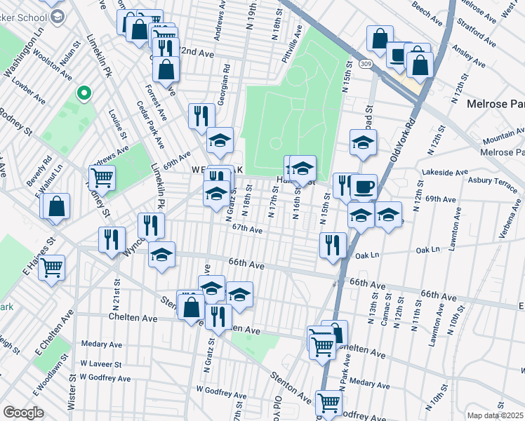 map of restaurants, bars, coffee shops, grocery stores, and more near 6741 North Bouvier Street in Philadelphia