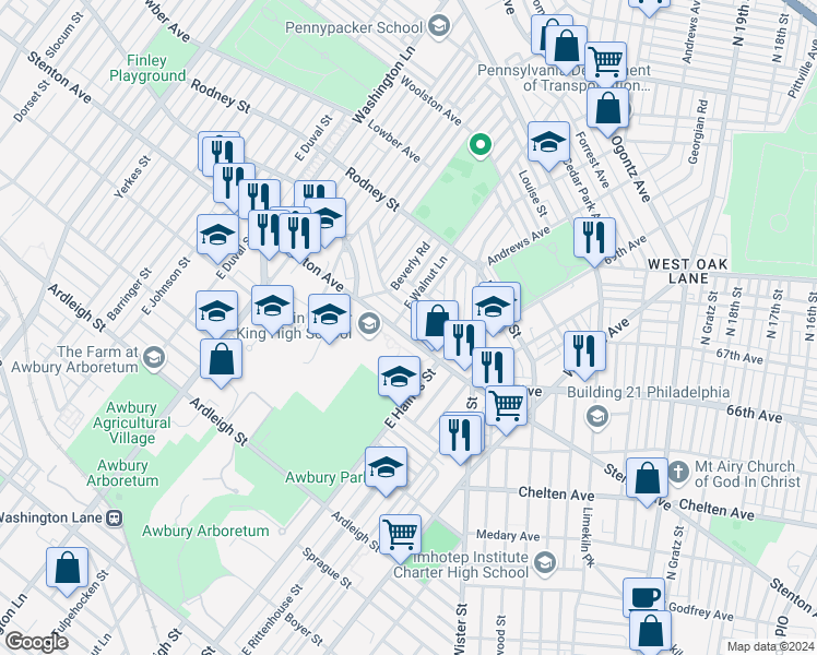 map of restaurants, bars, coffee shops, grocery stores, and more near 6957 Stenton Avenue in Philadelphia