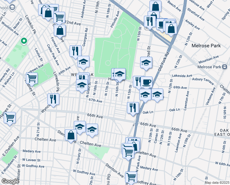 map of restaurants, bars, coffee shops, grocery stores, and more near 6750 North 16th Street in Philadelphia