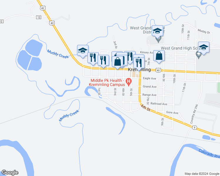 map of restaurants, bars, coffee shops, grocery stores, and more near 200 Eagle Avenue in Kremmling