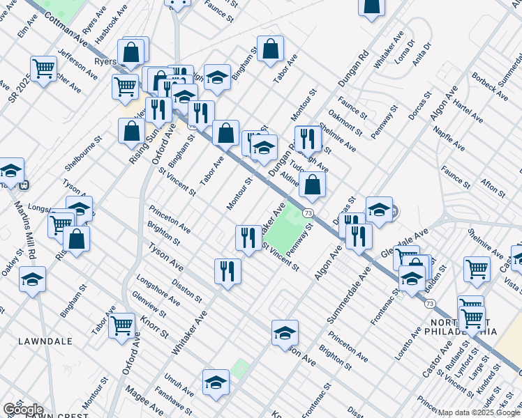 map of restaurants, bars, coffee shops, grocery stores, and more near 7237 Dungan Road in Philadelphia