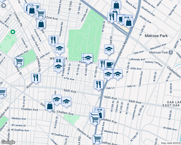 map of restaurants, bars, coffee shops, grocery stores, and more near 6801 North 16th Street in Philadelphia