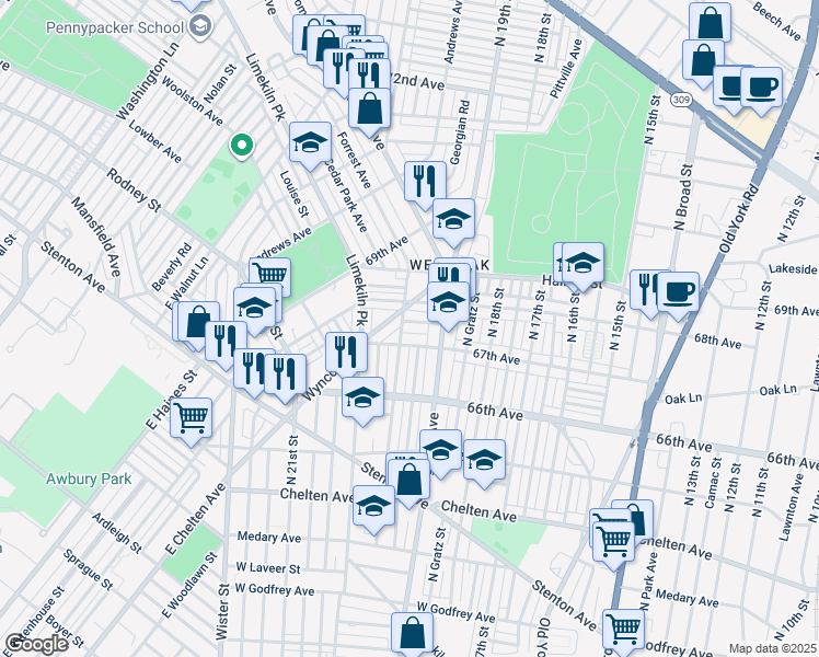 map of restaurants, bars, coffee shops, grocery stores, and more near 1940 Independence Street in Philadelphia
