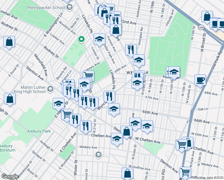 map of restaurants, bars, coffee shops, grocery stores, and more near 2007 Eastburn Avenue in Philadelphia