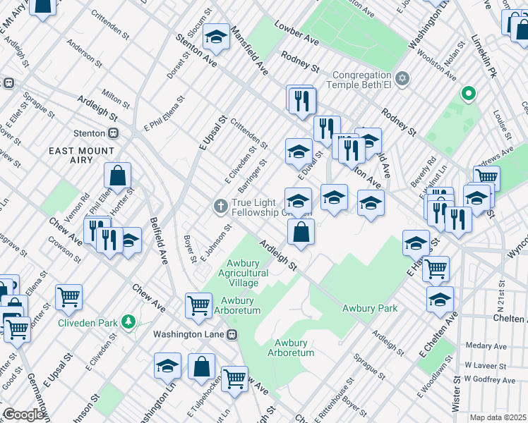 map of restaurants, bars, coffee shops, grocery stores, and more near 6336 Anderson Street in Philadelphia