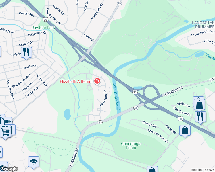 map of restaurants, bars, coffee shops, grocery stores, and more near 81 Deer Ford Drive in Lancaster