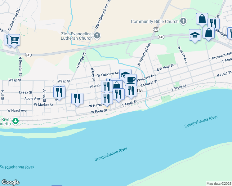 map of restaurants, bars, coffee shops, grocery stores, and more near 39 West Walnut Street in Marietta