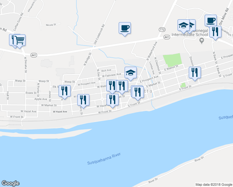 map of restaurants, bars, coffee shops, grocery stores, and more near 111 West Walnut Street in Marietta