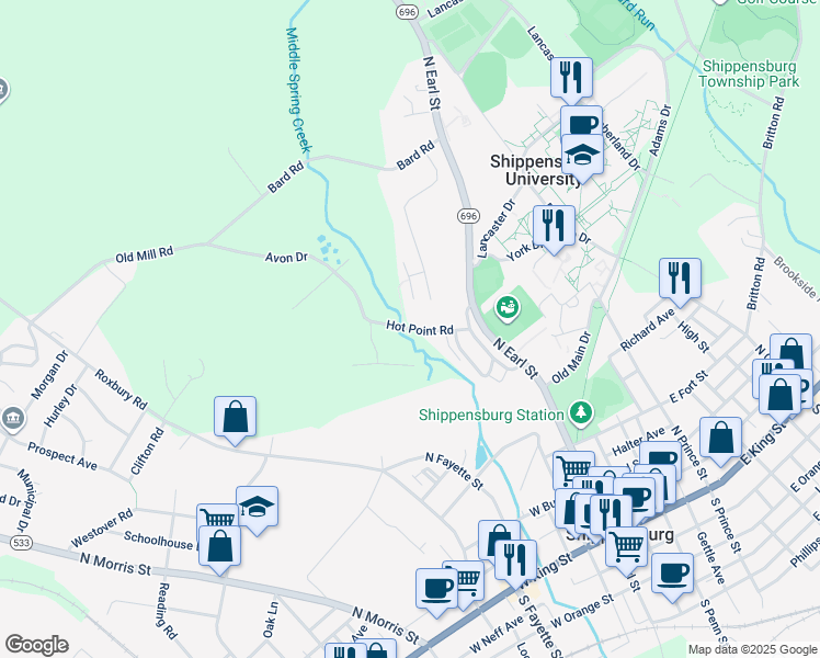 map of restaurants, bars, coffee shops, grocery stores, and more near 99 Hot Point Avenue in Shippensburg