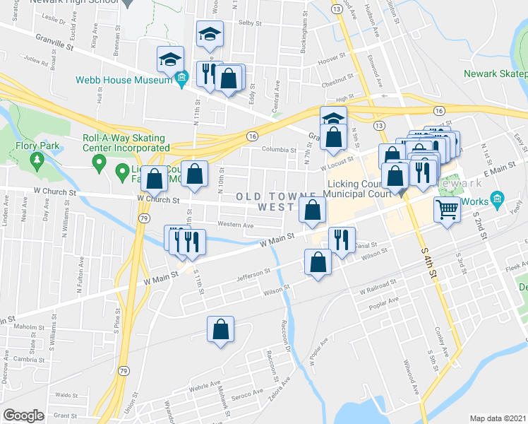 map of restaurants, bars, coffee shops, grocery stores, and more near 72 Flory Avenue in Newark