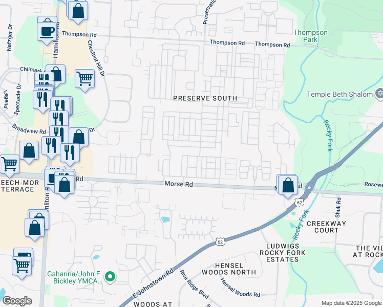 map of restaurants, bars, coffee shops, grocery stores, and more near 6293 Needletail Road in Columbus
