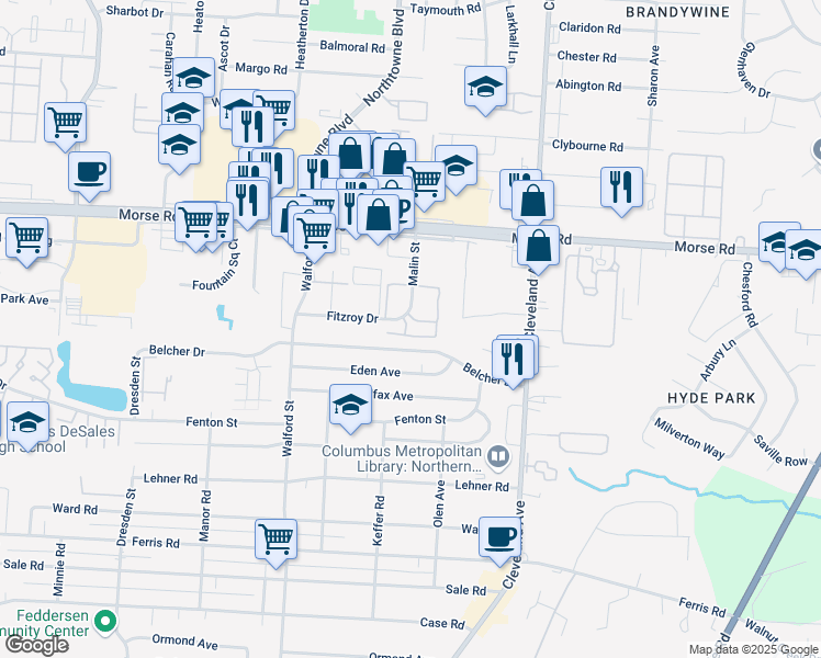 map of restaurants, bars, coffee shops, grocery stores, and more near 4338 Malin Street in Columbus