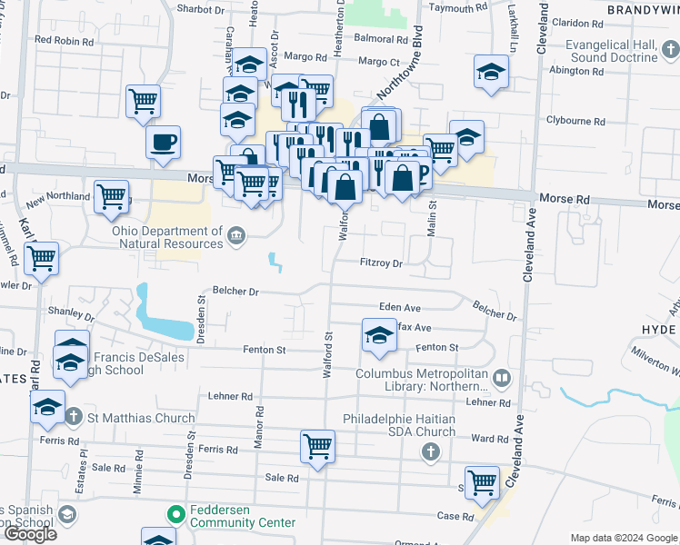 map of restaurants, bars, coffee shops, grocery stores, and more near 4370 Walford Street in Columbus