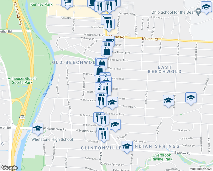 map of restaurants, bars, coffee shops, grocery stores, and more near 21 East Beaumont Road in Columbus