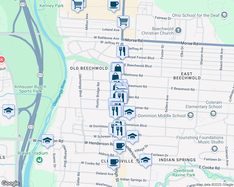 map of restaurants, bars, coffee shops, grocery stores, and more near 4663 North High Street in Columbus