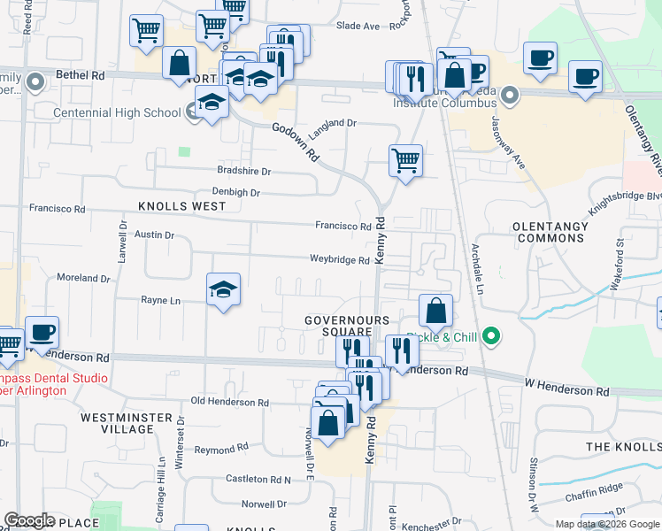 map of restaurants, bars, coffee shops, grocery stores, and more near 1256 Weybridge Road in Columbus