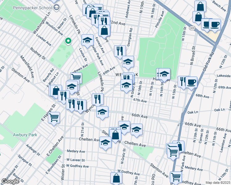 map of restaurants, bars, coffee shops, grocery stores, and more near 1940 Independence Street in Philadelphia