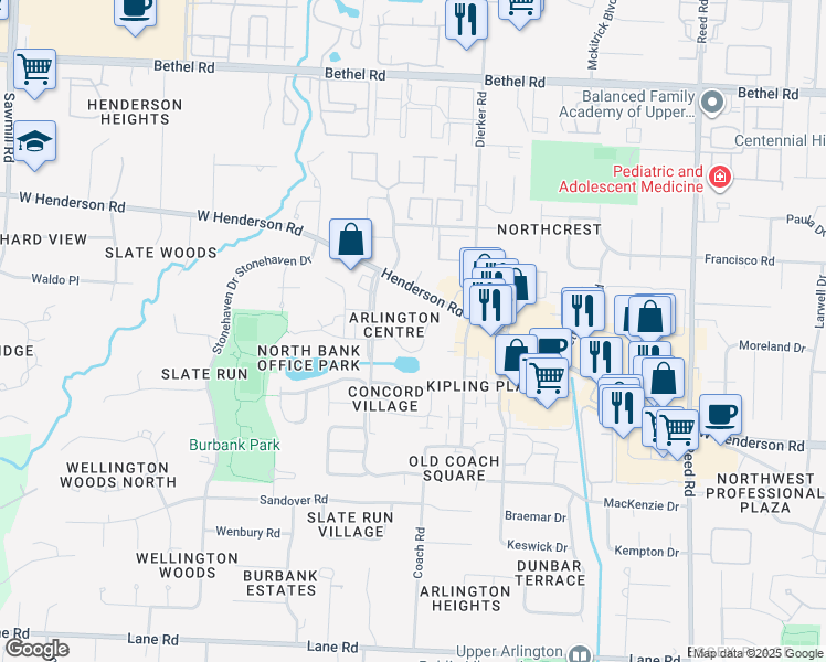 map of restaurants, bars, coffee shops, grocery stores, and more near 2169-2235 West Henderson Road in Columbus