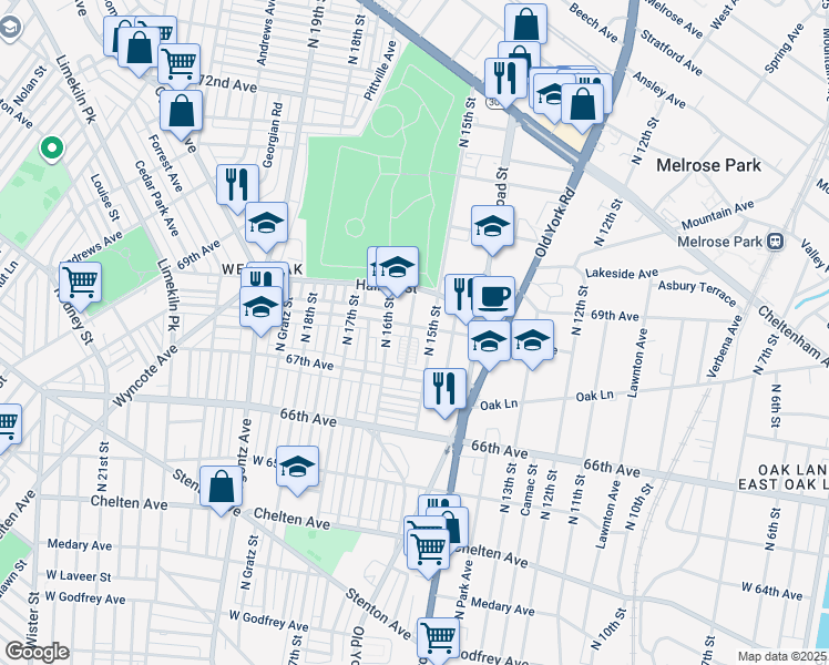 map of restaurants, bars, coffee shops, grocery stores, and more near 1514 68th Avenue in Philadelphia