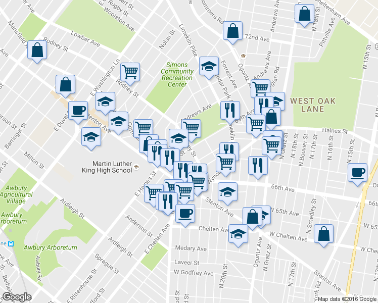 map of restaurants, bars, coffee shops, grocery stores, and more near 6836 Rodney Street in Philadelphia