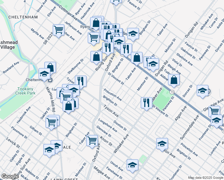 map of restaurants, bars, coffee shops, grocery stores, and more near 7121 Lawndale Avenue in Philadelphia