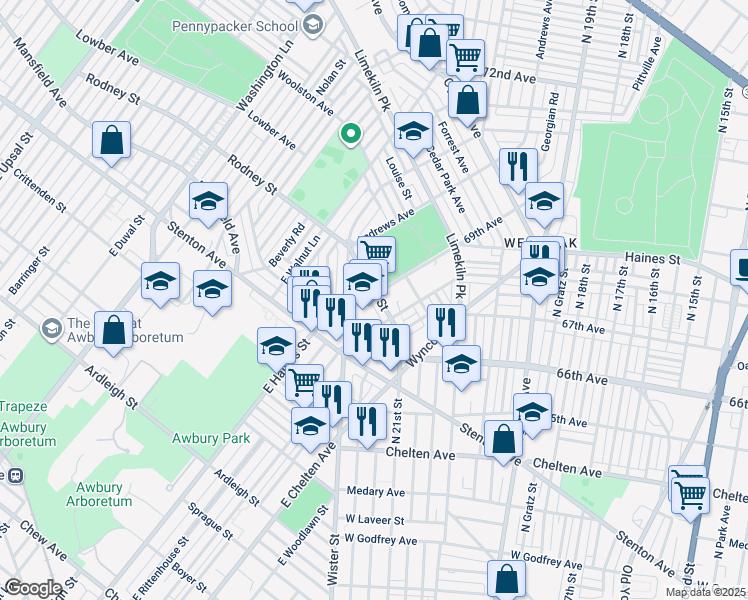 map of restaurants, bars, coffee shops, grocery stores, and more near 6836 Rodney Street in Philadelphia