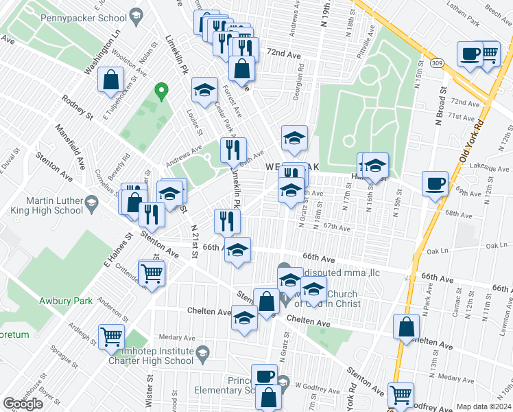 map of restaurants, bars, coffee shops, grocery stores, and more near 6737 Wyncote Avenue in Philadelphia