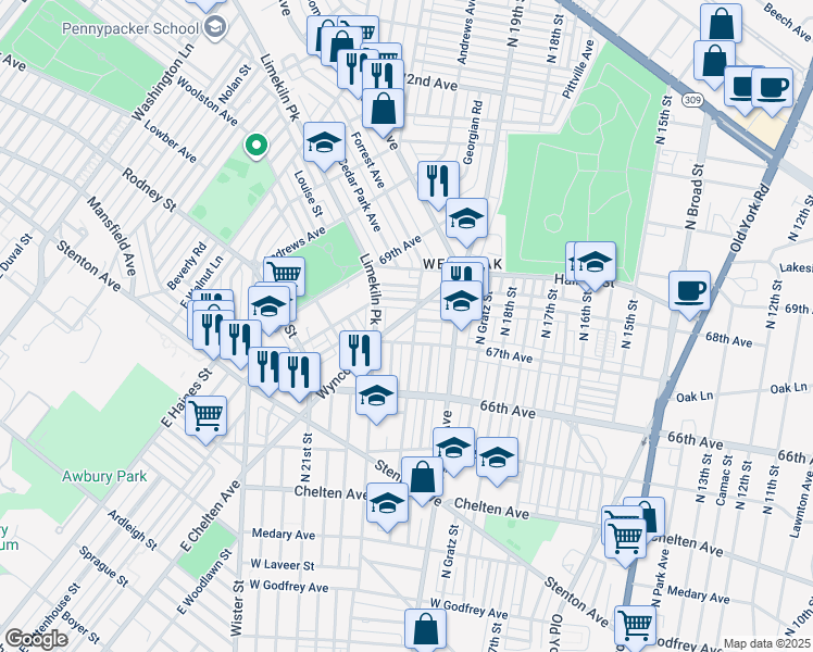 map of restaurants, bars, coffee shops, grocery stores, and more near 6737 Wyncote Avenue in Philadelphia