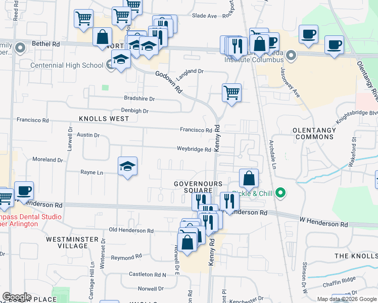 map of restaurants, bars, coffee shops, grocery stores, and more near 1256 Weybridge Road in Columbus
