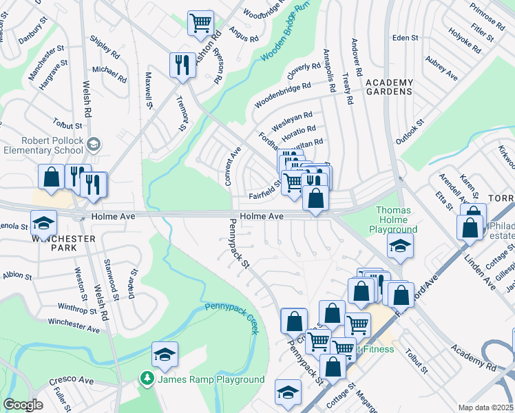 map of restaurants, bars, coffee shops, grocery stores, and more near 3045 Holme Avenue in Philadelphia