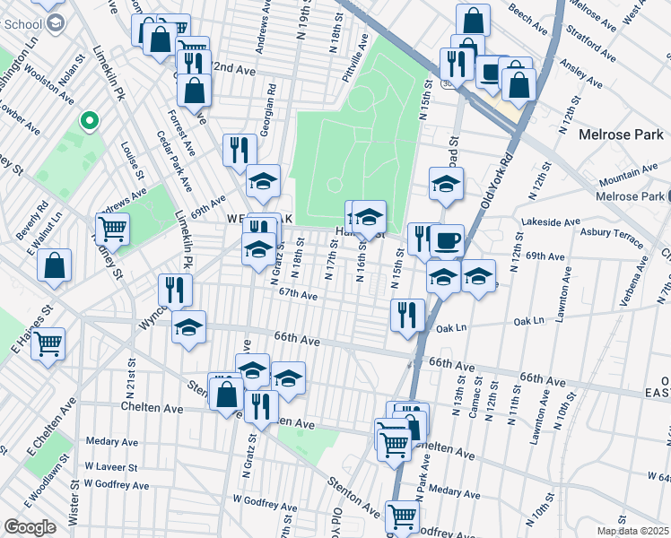 map of restaurants, bars, coffee shops, grocery stores, and more near 6747 North 17th Street in Philadelphia