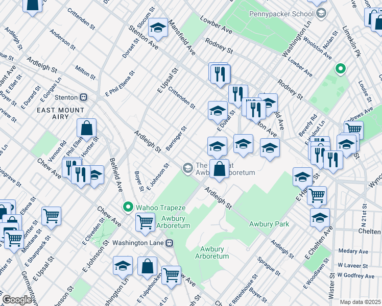 map of restaurants, bars, coffee shops, grocery stores, and more near 6333 Milton Street in Philadelphia